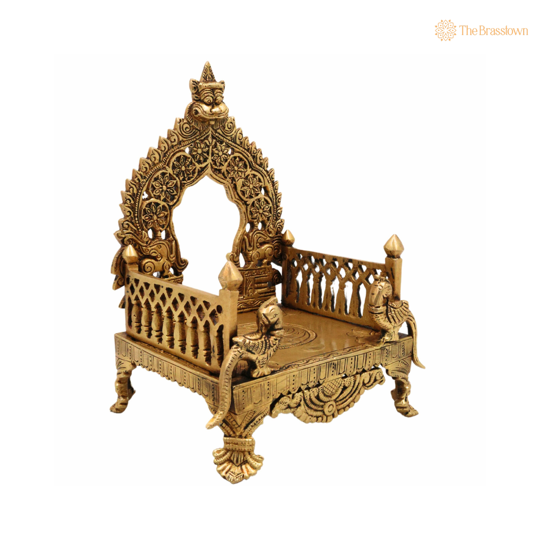 Ornate Brass Temple Seat with Peacock Motif 8.5 Inch