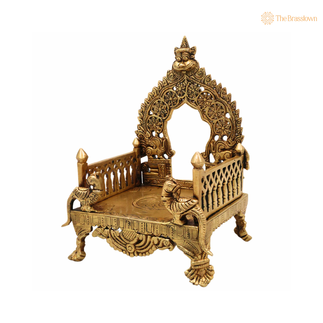 Ornate Brass Temple Seat with Peacock Motif 8.5 Inch