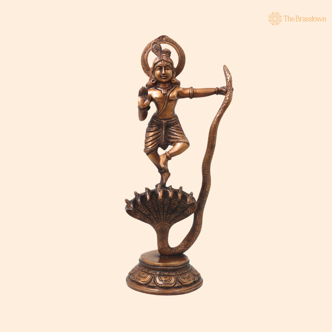 Brass Krishna Kaliya Daman Idol – Handcrafted Chola Style Kaliya Daman Govinda Murti for Pooja, Home Mandir, Décor & Spiritual Gifting 14 Inch