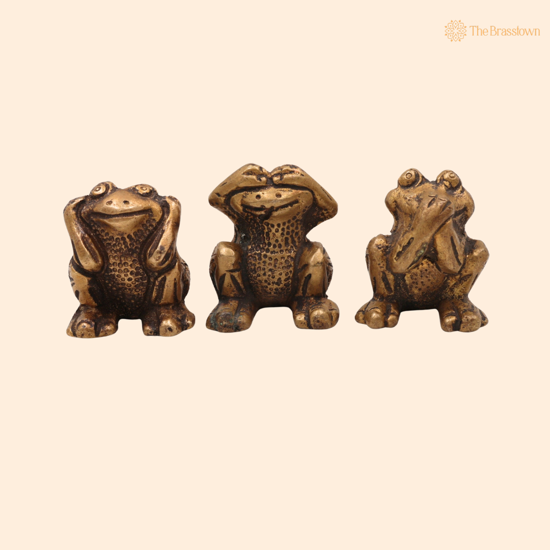 Brass Three Wise Frogs Idol 2 Inch front view β pure brass handcrafted India