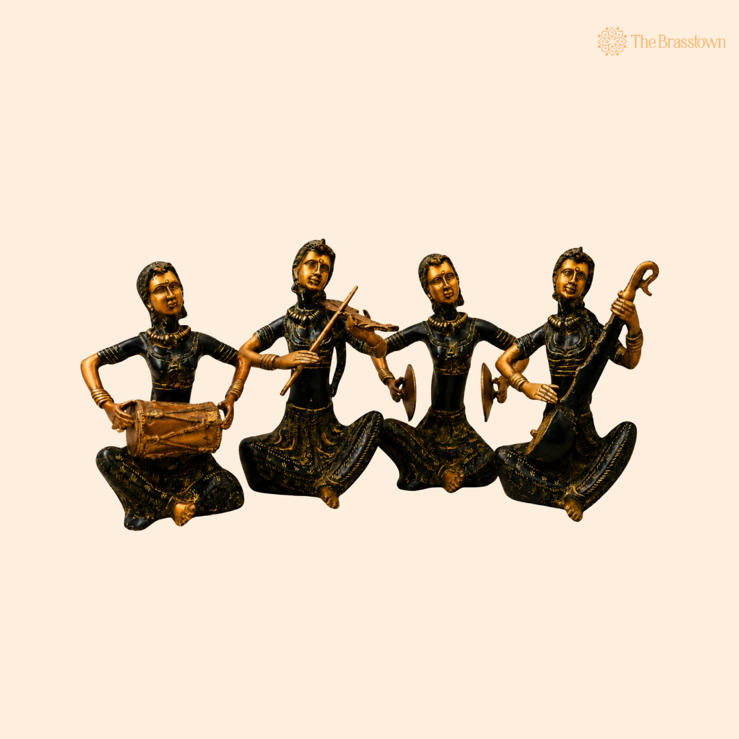 Handcrafted Brass Lady Musician Set of 4 – Traditional Brass Musical Figurines Orchestra Sculpture for Home Décor & Luxury Gifting 12 Inch