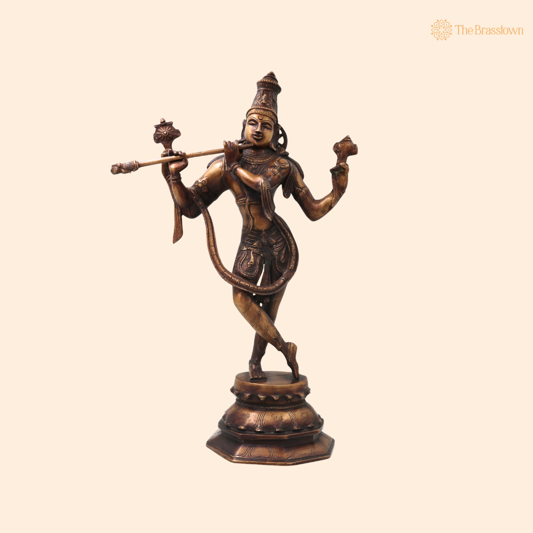 Brass Venugopala Lord Krishna Idol – Handcrafted Chola Style Kaliya Daman Govinda Murti for Pooja, Home Mandir, Décor & Spiritual Gifting 18.5 Inch