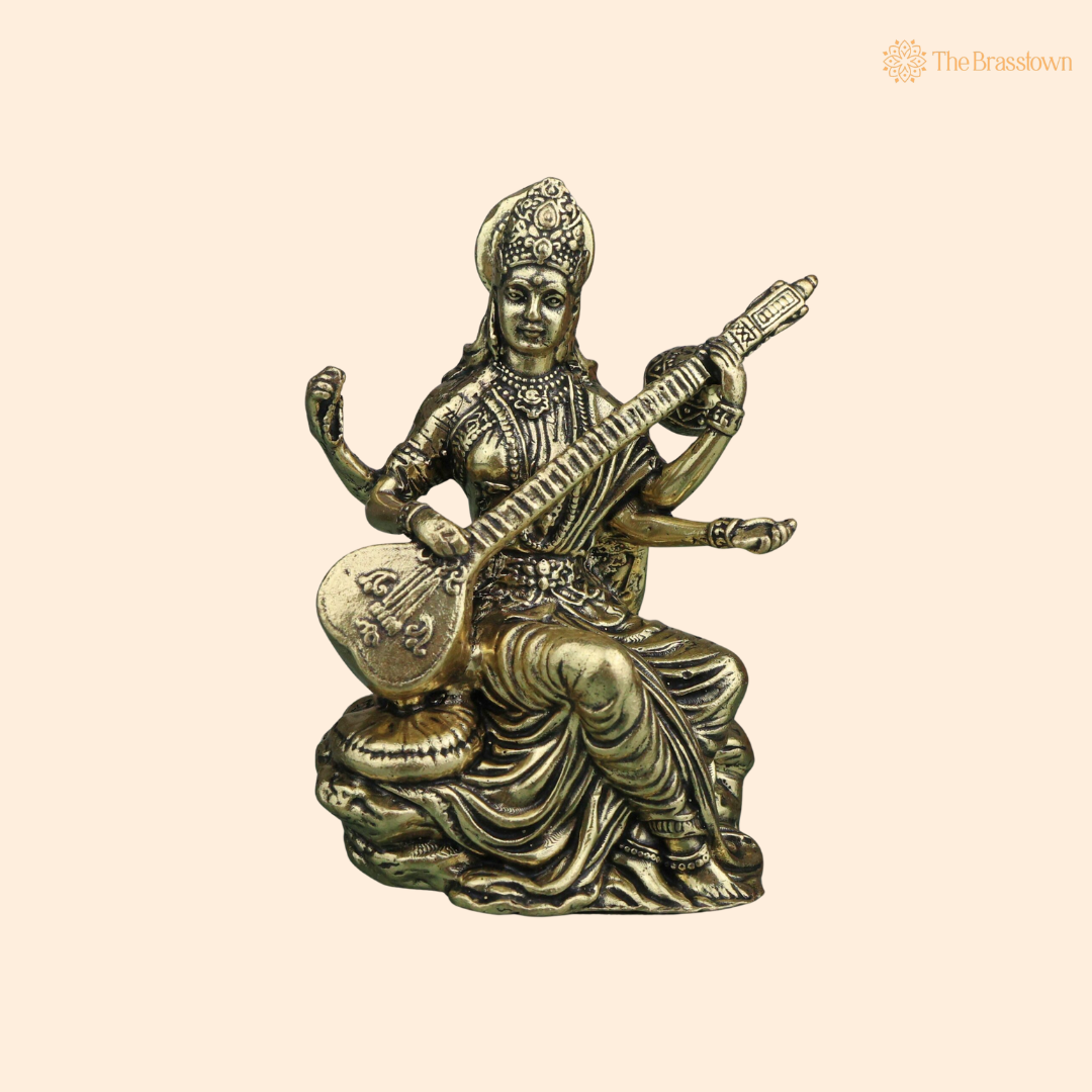 Divine Brass Saraswati Idol 3 Inch front view – pure brass handcrafted India