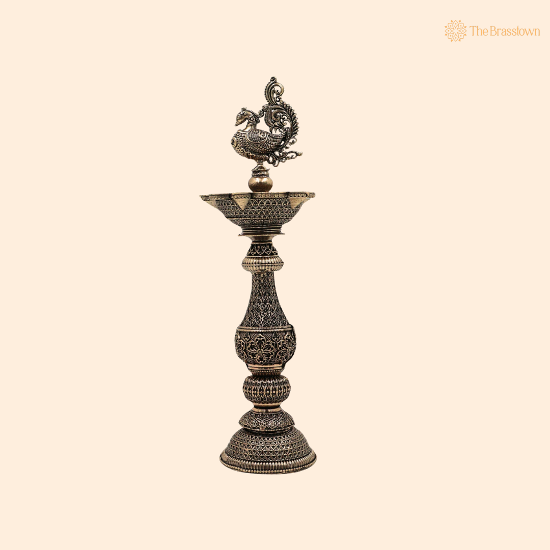 Brass Traditional Peacock Deepam Diya 8 Inch front view – pure brass handcrafted India