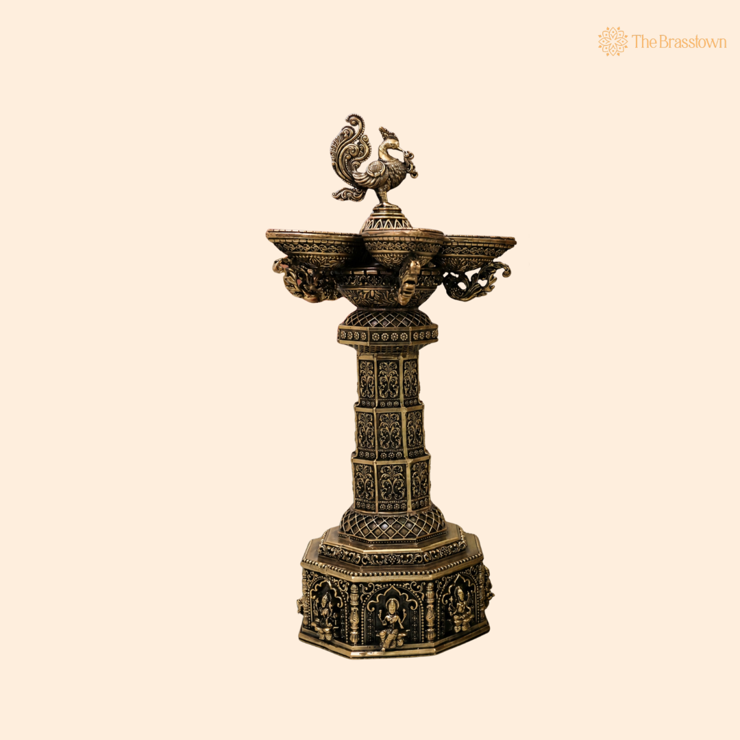 Brass Lakshmi Peacock Vilakku Deepam β Handcrafted Peetal Oil Lamp for Pooja, Home Mandir & Spiritual DΓ©cor 13 Inch