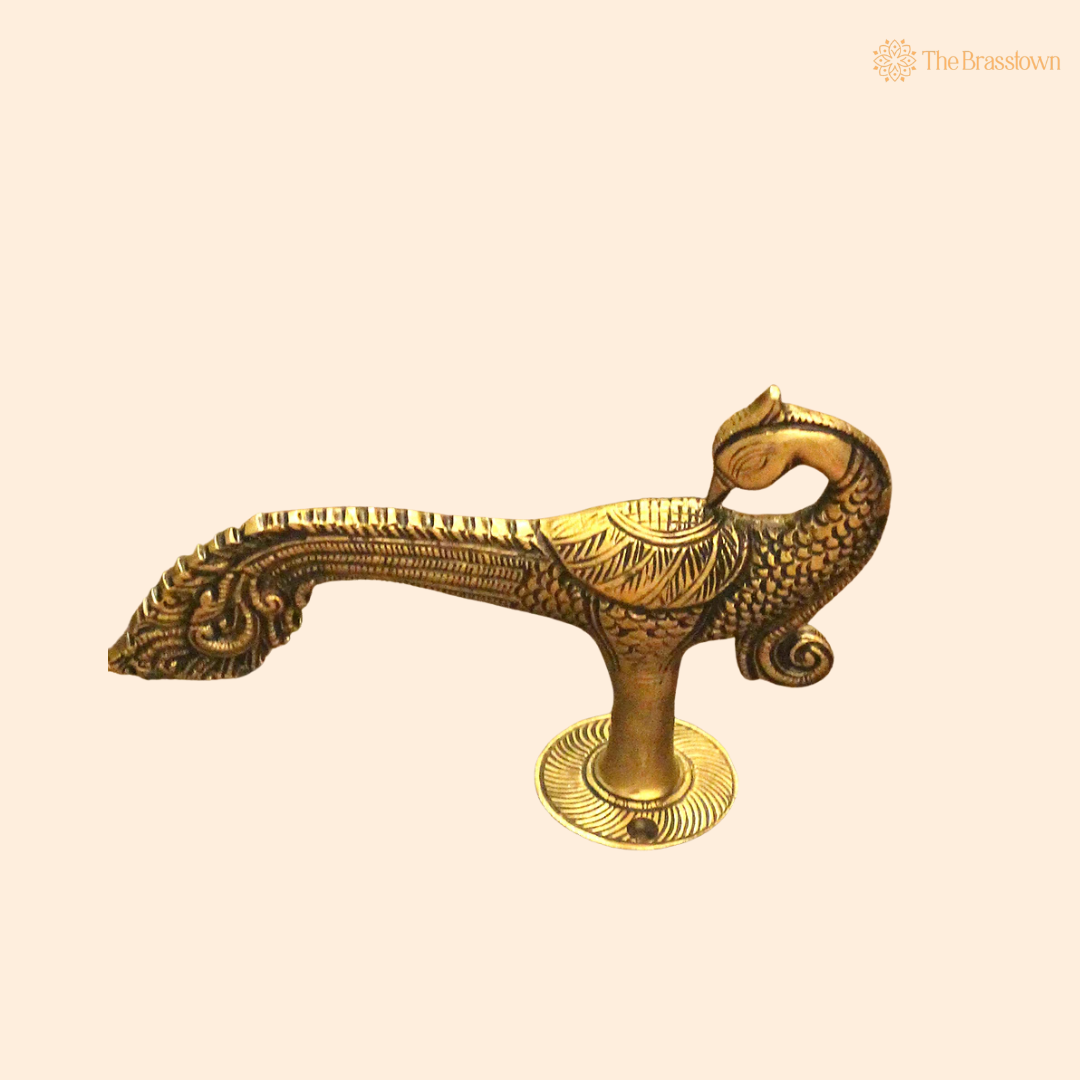 Handcrafted Brass Peacock Door Handle 7 Inch front view – pure brass handcrafted India
