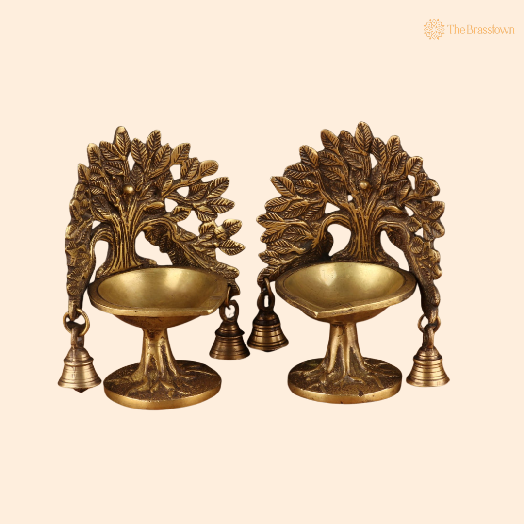 Brass Diya Pair with Tree 7 Inch front view β pure brass handcrafted India