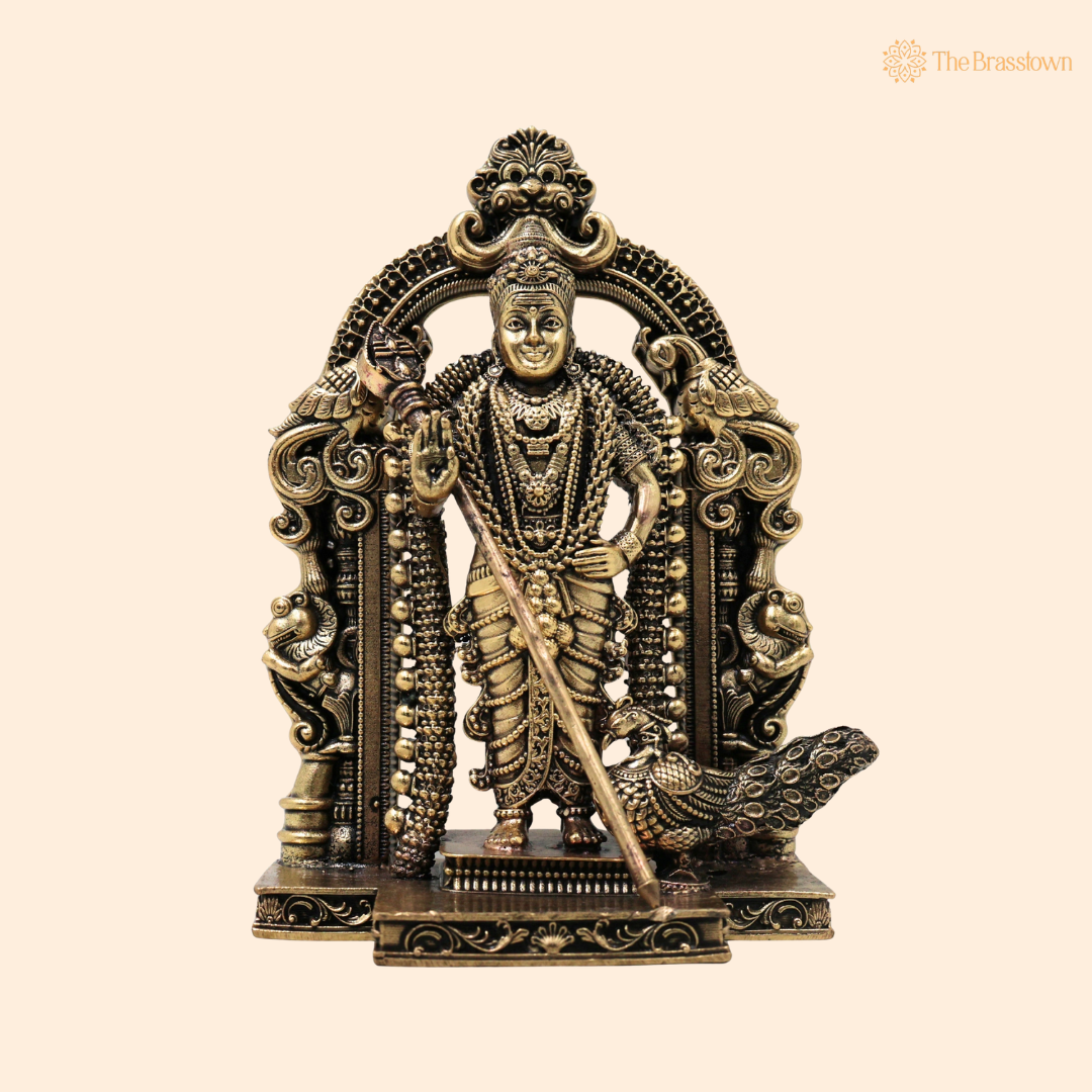 Brass Murugan Subramanya Kartikeya Idol – Fine Golden Finish for Puja & Home Mandir 4.5 Inch