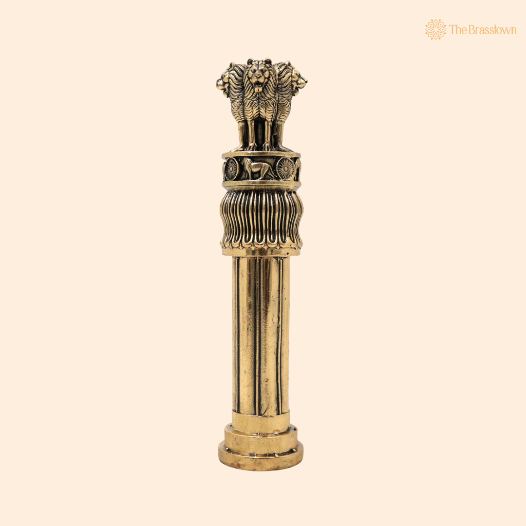 Brass Handcrafted Ashoka Stambh Idol – Traditional National Emblem Lion Capital Decorative Showpiece for Home & Office Décor 6 Inch