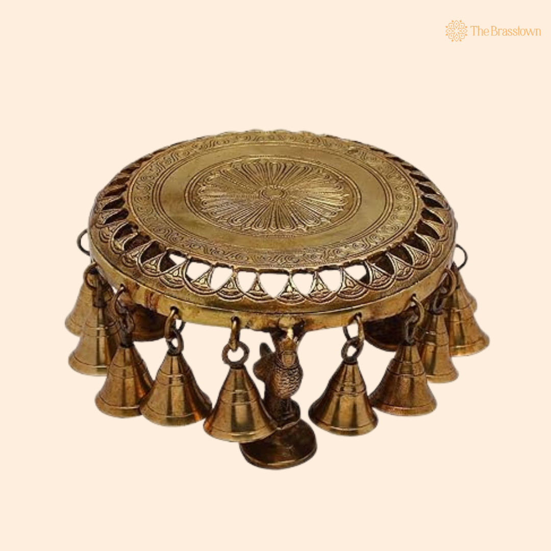 Antique Brass Puja Chowki with Bells – Hindu Temple Chowki for Idols, Puja & Home Mandir 4 Inch