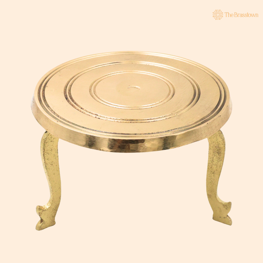 Brass Round Pooja Chowki 4 Inch front view – pure brass handcrafted India