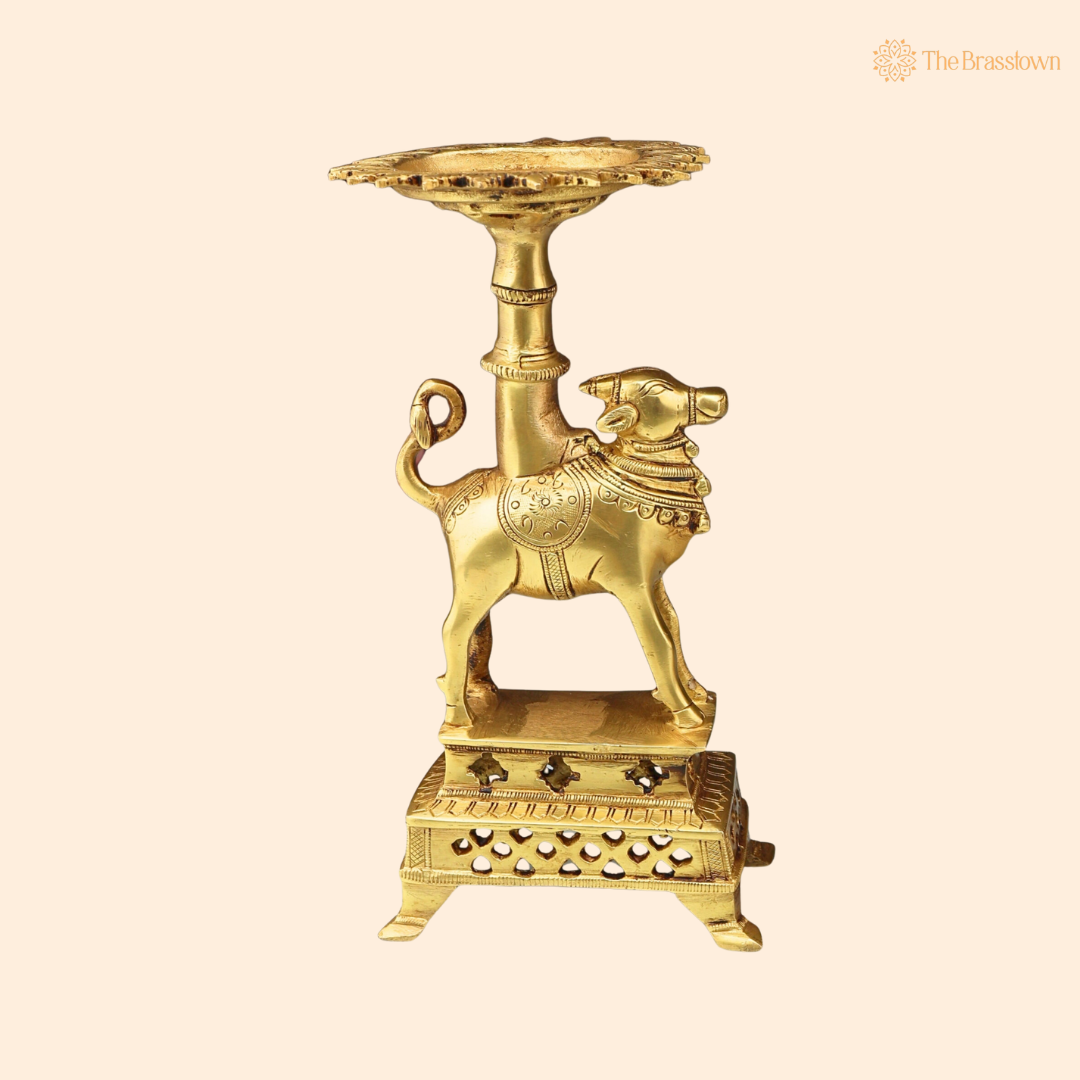 Brass Nandhi Puja Stand with Deep Holder – Traditional Pooja Accessory for Home Temple 8.5 Inch