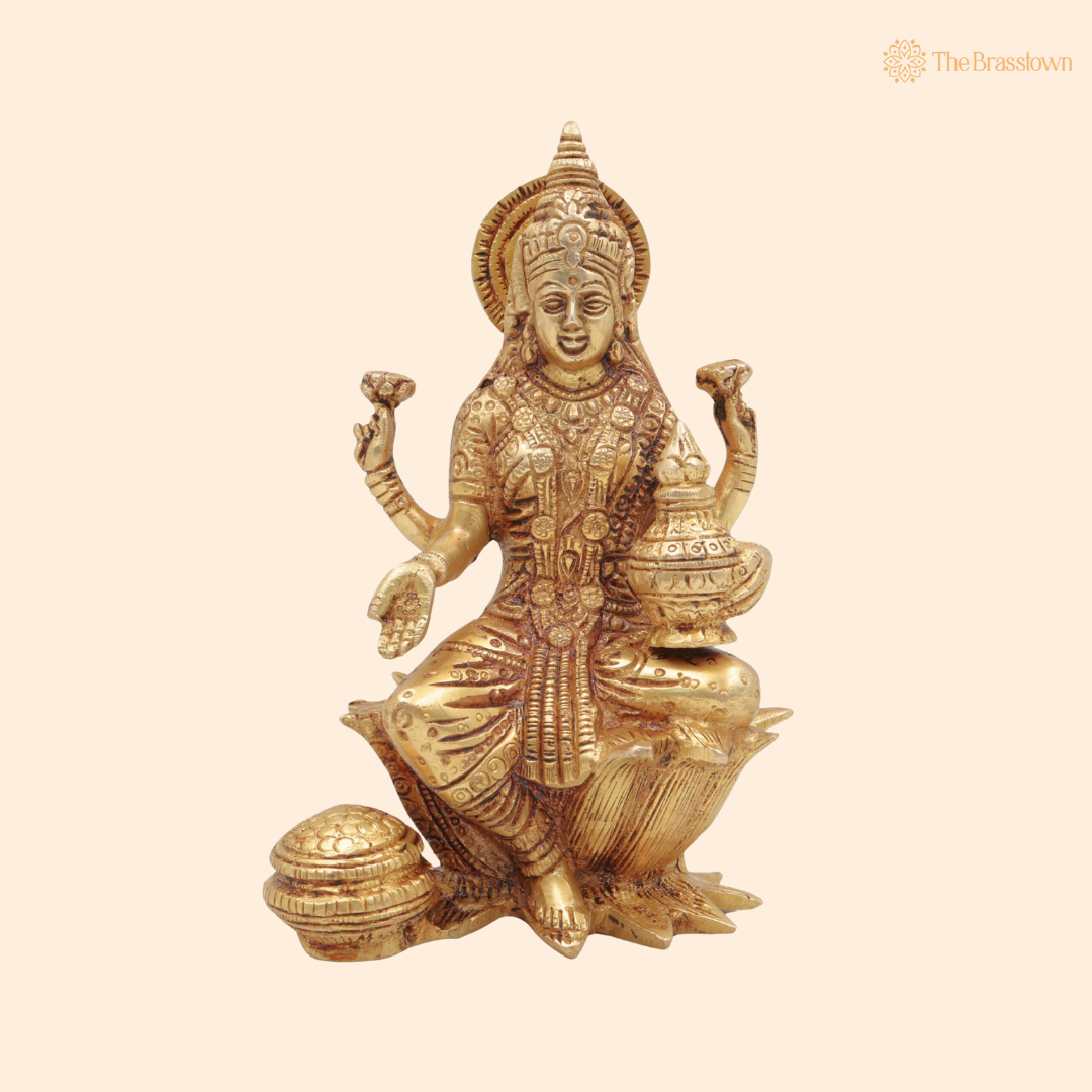 Brass Lakshmi Mata Idol 7 Inch front view – pure brass handcrafted India