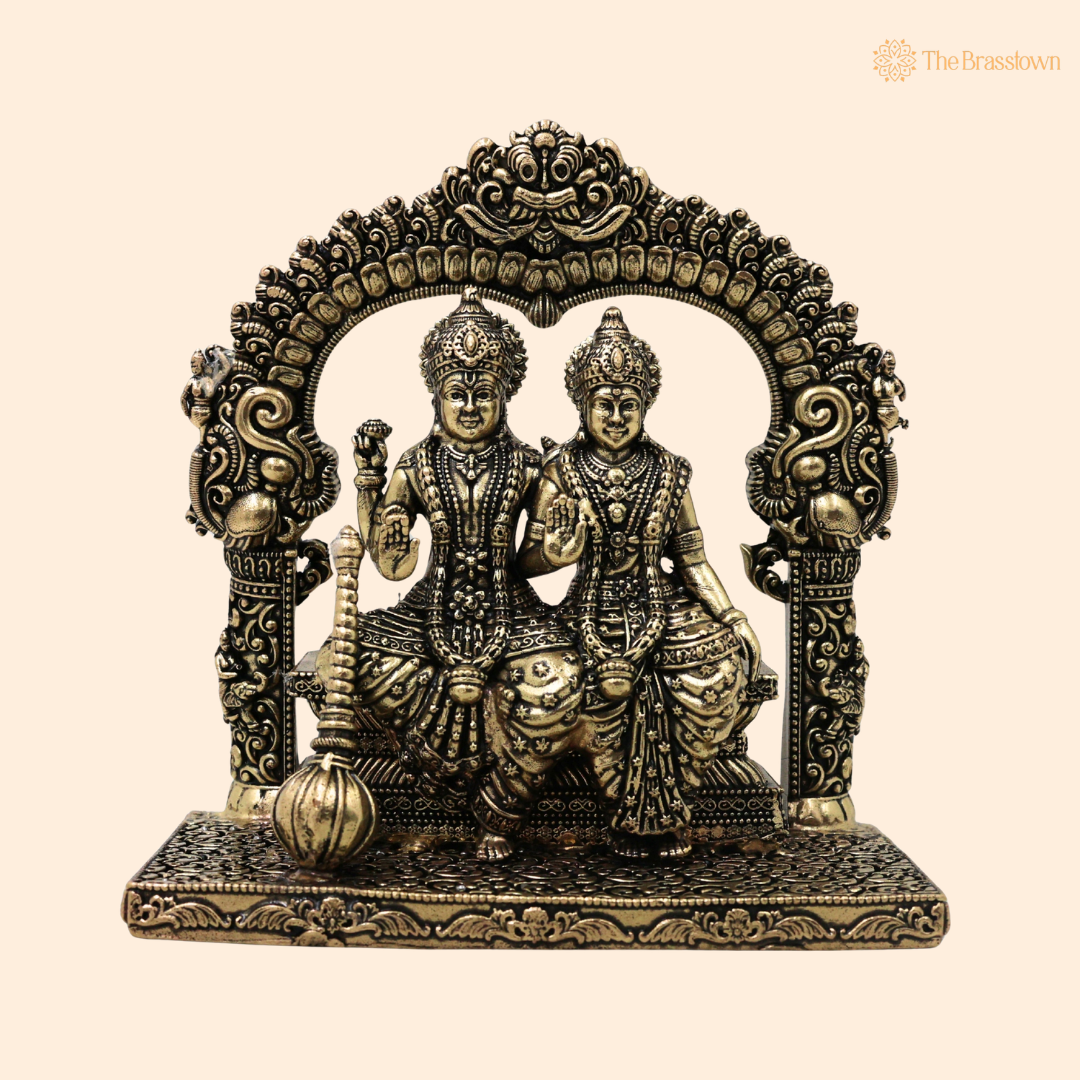 Brass Lord Vishnu and Goddess Lakshmi Idol - Handcrafted Traditional Chola Murti for Pooja Home Decor & Spiritual Gifting 4.5 Inch