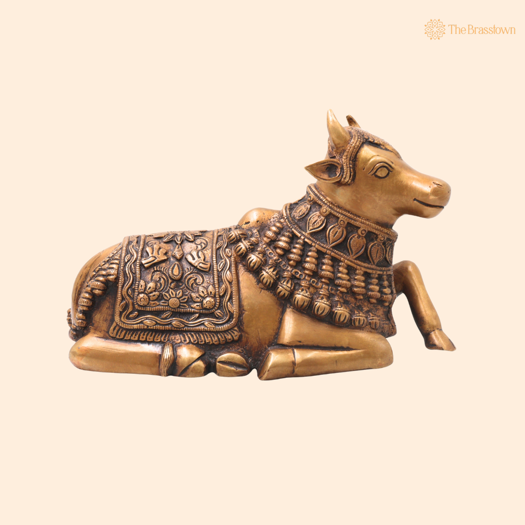 Brass Nandikeshwara Nandi Idol – Handcrafted Traditional Chola Style Vrishabha Murti for Pooja, Home Mandir, Décor & Spiritual Gifting 6.5 Inch
