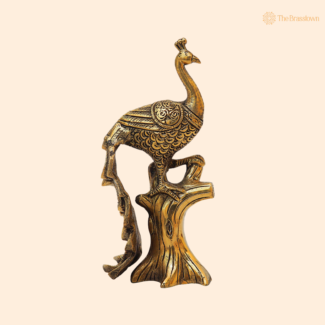 Antique Brass Peacock on Tree 8.5 Inch front view β pure brass handcrafted India