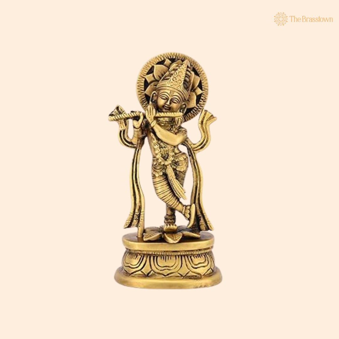 Antique Brass Krishna Idol with 7 Inch front view – pure brass handcrafted India