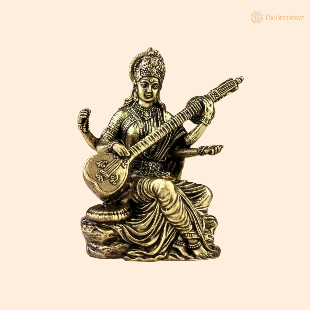 Brass Saraswati Idol 3 Inch front view – pure brass handcrafted India