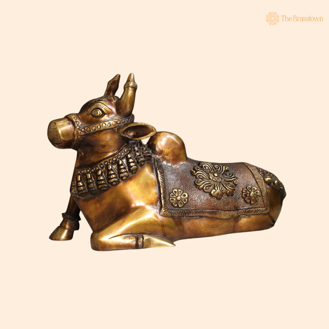 Handcrafted Brass Stone Work Nandi 7 Inch front view – pure brass handcrafted India