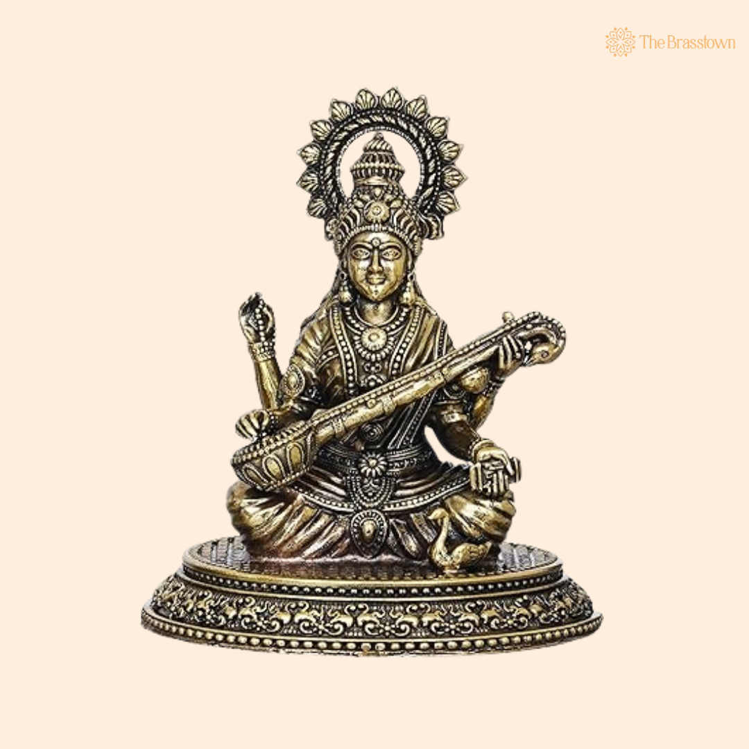Brass Sitting Saraswati Maa Idol 2.5 Inch front view – pure brass handcrafted India