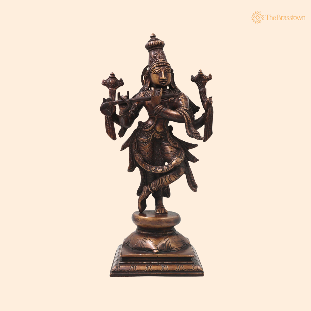 Brass Chaturbhuja Krishna Idol – Handcrafted Chola Style Kaliya Daman Govinda Murti for Pooja, Home Mandir, Décor & Spiritual Gifting 12.5 Inch