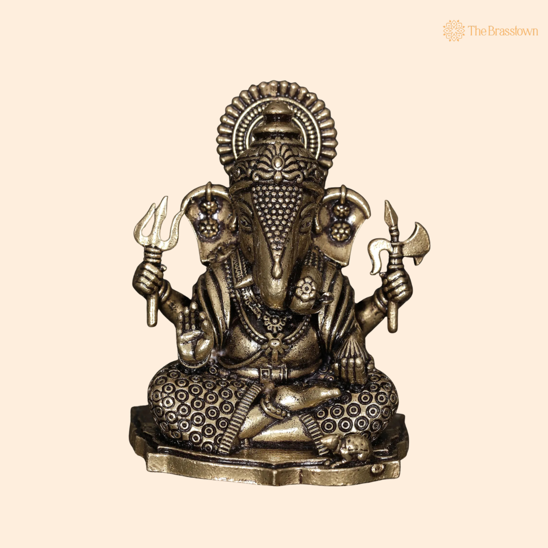 Brass Sitting Ganesha Idol 3 Inch front view – pure brass handcrafted India