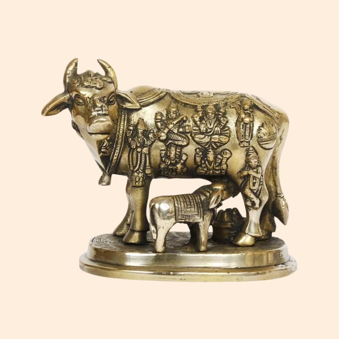 Handcrafted Brass Kamdhenu Cow with 5 Inch front view – pure brass handcrafted India