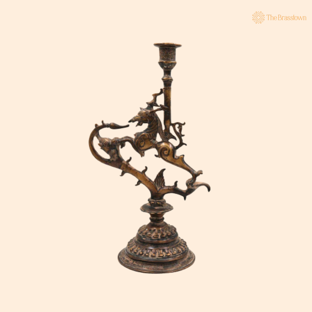 Brass Yali Candle Holder Stand 13 Inch front view – pure brass handcrafted India