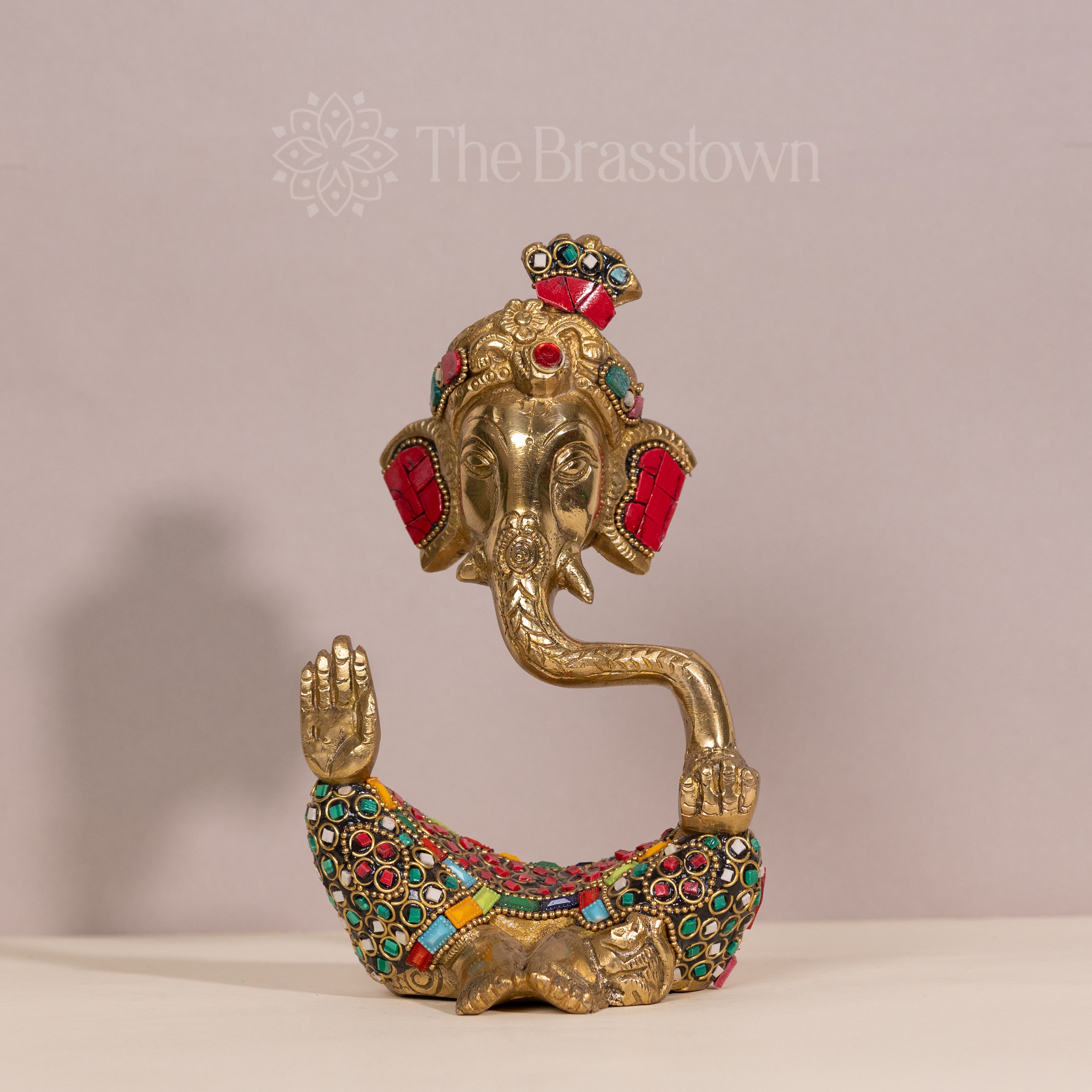 Brass Ganesha with Intricate Stonework – Handcrafted Decorative Sculpture