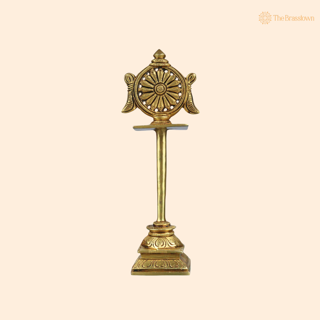 Brass Sudarshan Chakra Stand – Peetal Vishnu Symbol Balaji Sudarshan Chakra Figurine for Pooja, Home Temple & Spiritual Décor 5 Inch