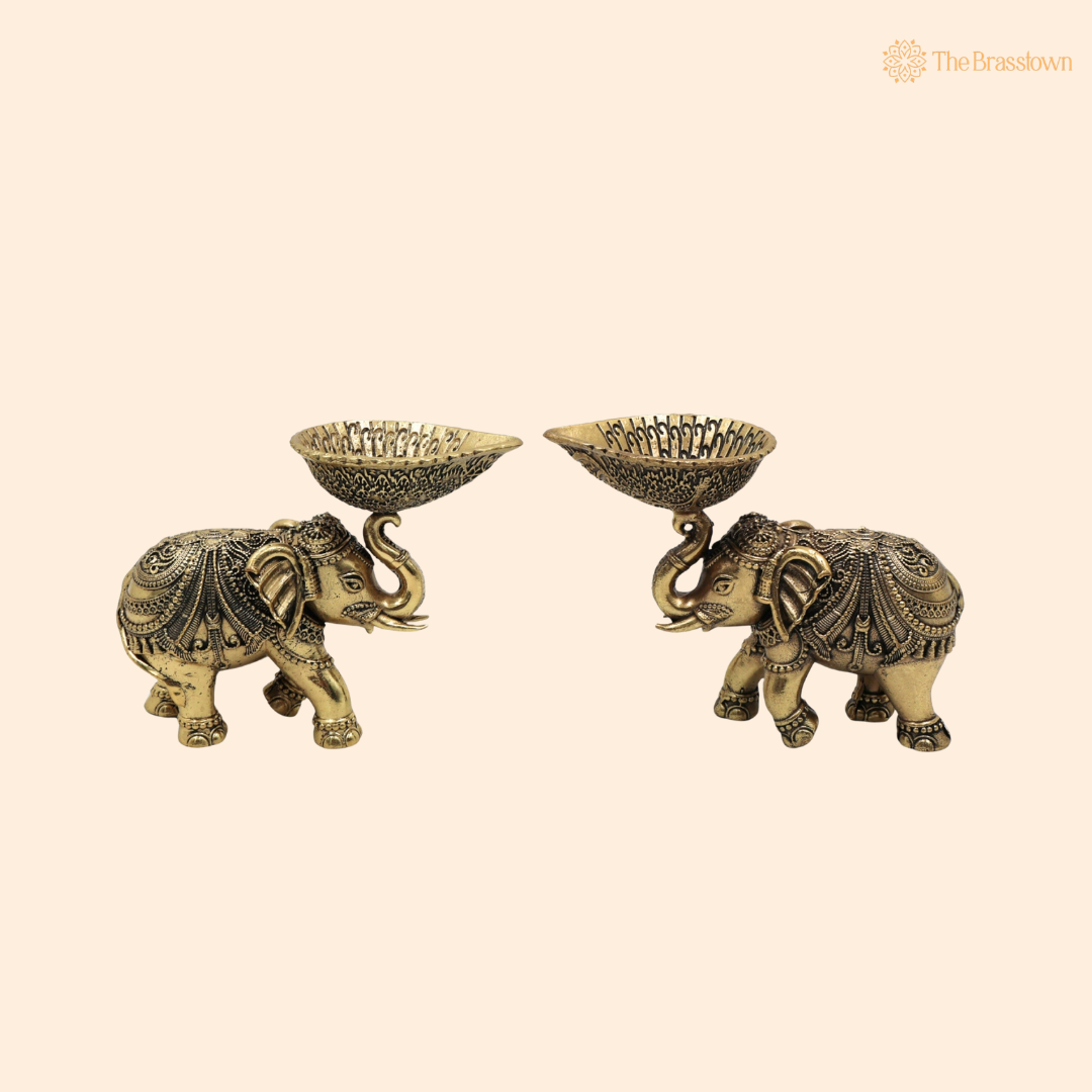 Brass Handcrafted Elephant Diya 3 Inch front view – pure brass handcrafted India