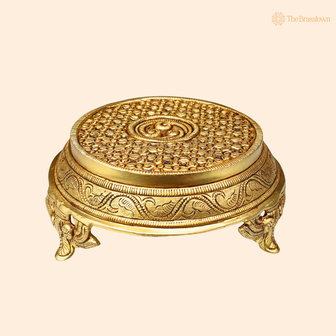Handcrafted Brass Round Pooja Chowki Bajot – Circular Idol Display Stand for Home Mandir & Puja Setup 3 Inch