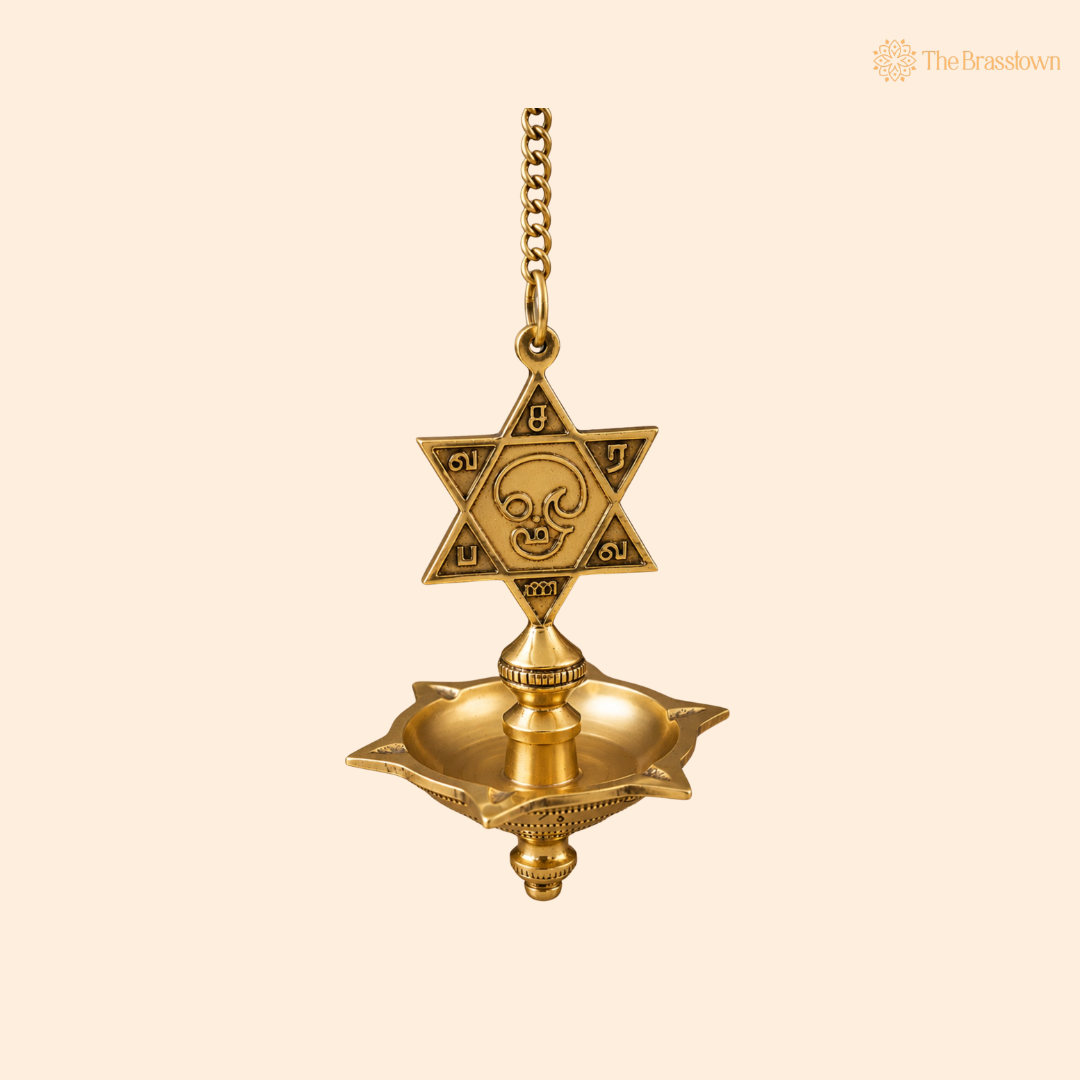 Hanging Brass Lamp with Star – Traditional Peetal Thooku Vilakku Deepam for Temple, Home Mandir & Spiritual Décor 22 Inch