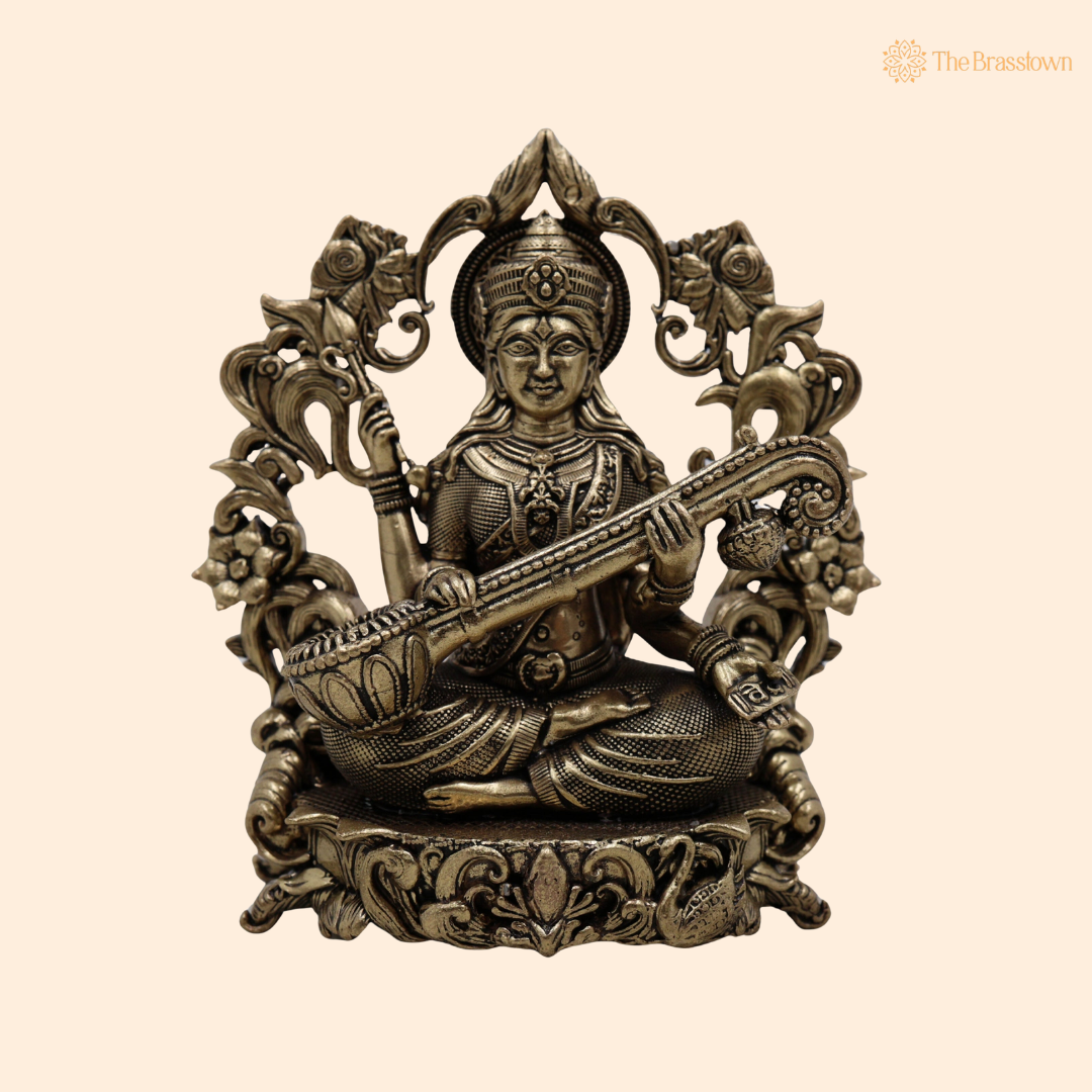 Handcrafted Brass Saraswati Mata Idol 4.5 Inch front view – pure brass handcrafted India