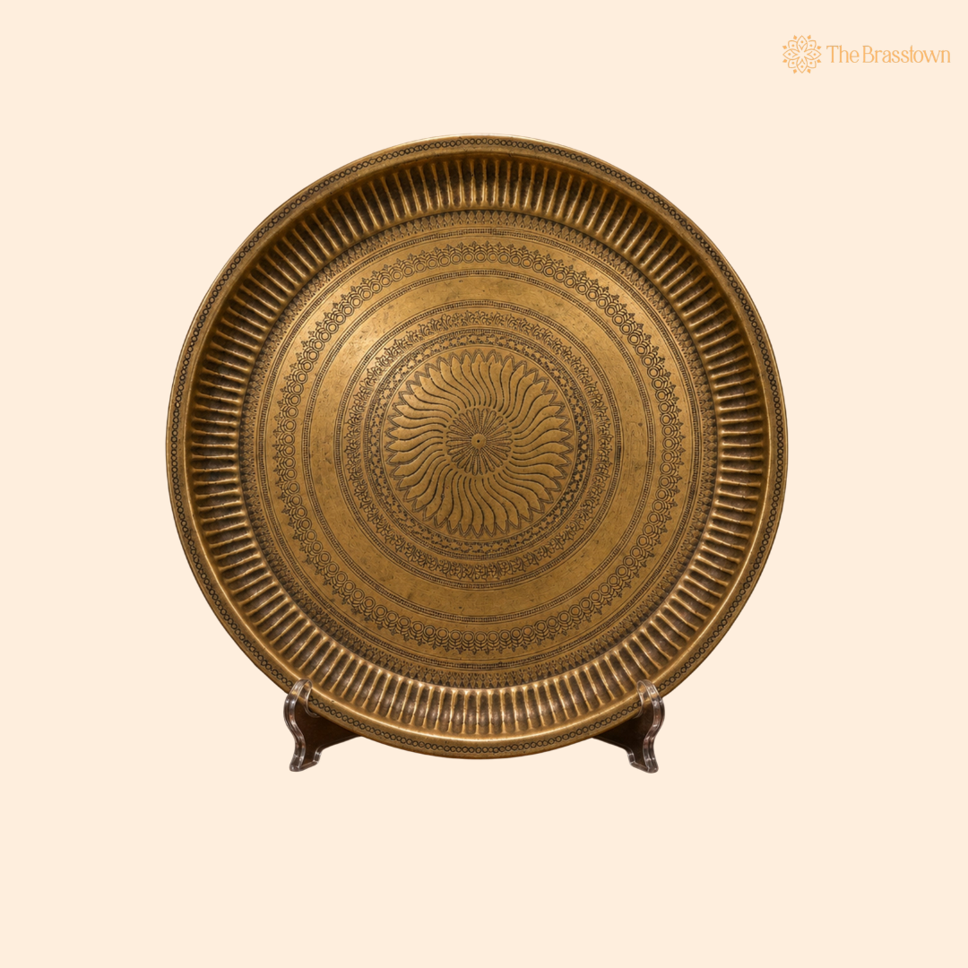 Traditional Brass Pooja Thali for Aarti – Peetal Aarti Plate (Pital Puja Thambalam) for Hindu Worship & Temple Rituals 1 Inch
