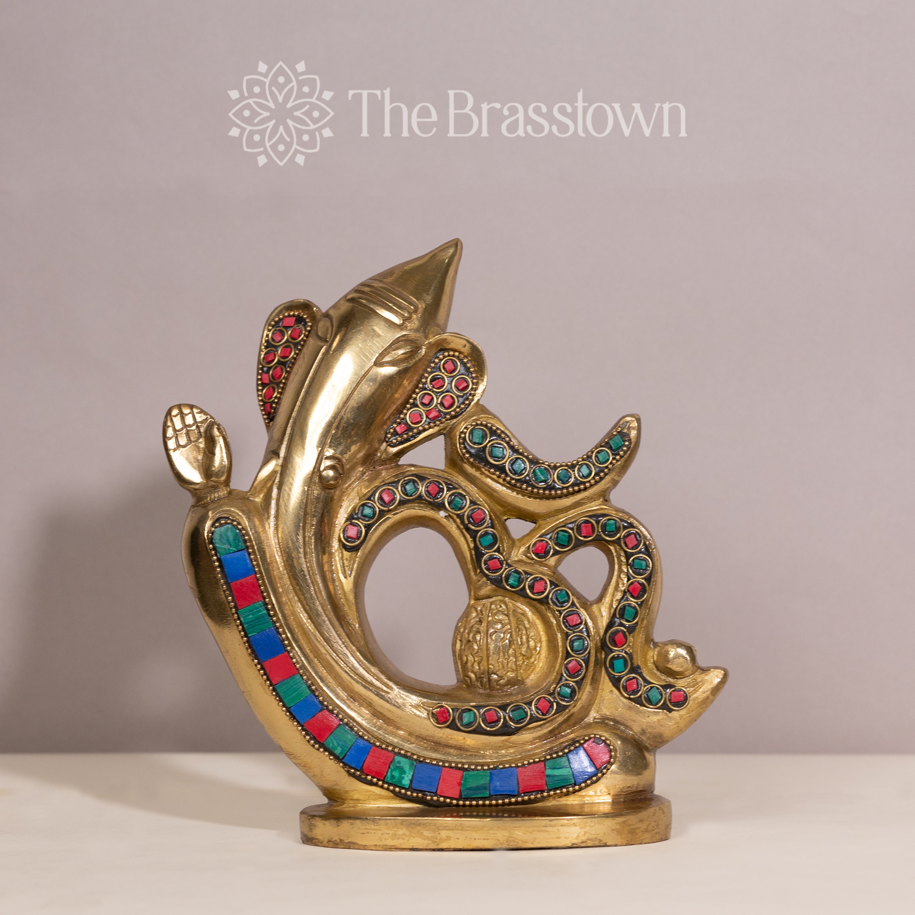 Brass Ganesh in Om Design with Colorful Stone Inlay