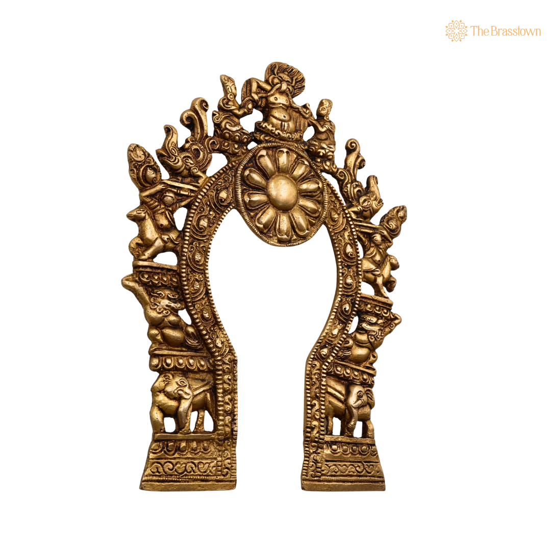 Bhunes Brass Prabhavali with Yali, 9 Inch side view – antique finish detail