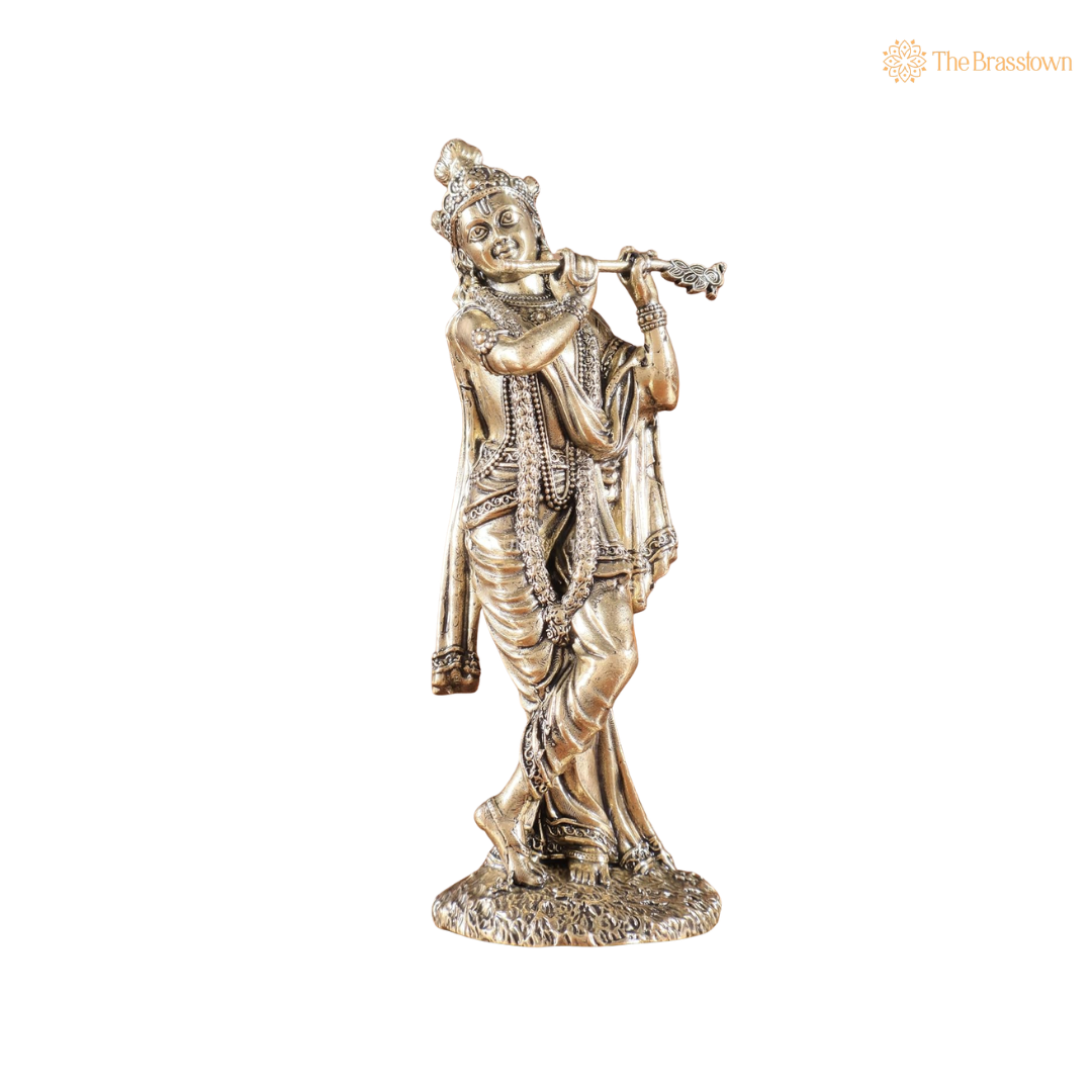 Brass Krishna Idol 5 Inch side view – antique finish detail