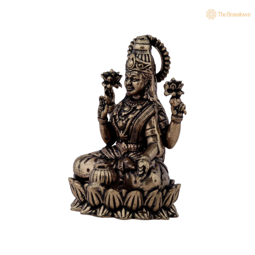 Brass Lakshmi Sitting on Lotus 2.5 Inch side view – antique finish detail
