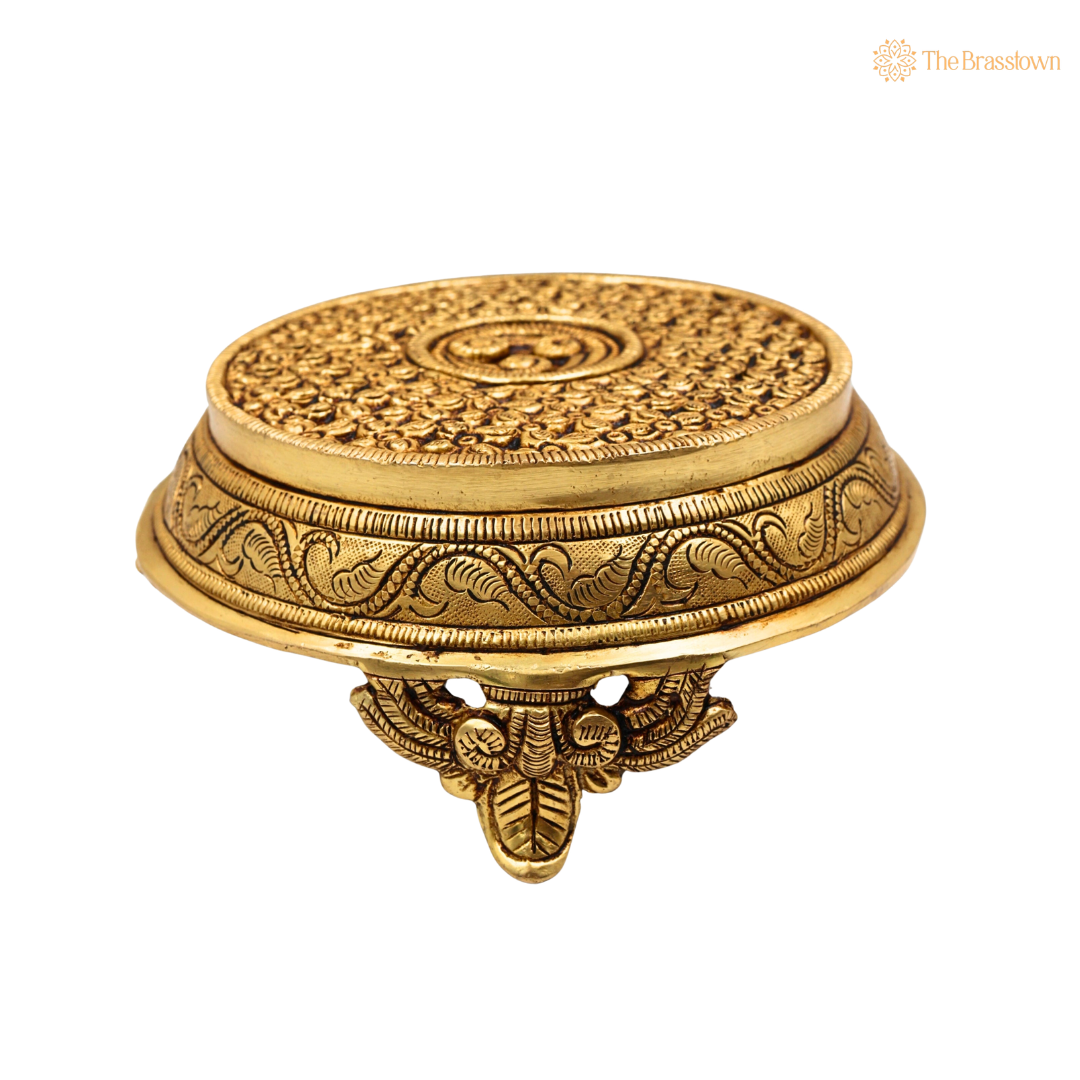 Handcrafted Brass Round Pooja Chowki Bajot – Circular Idol Display Stand for Home Mandir & Puja Setup 3 Inch
