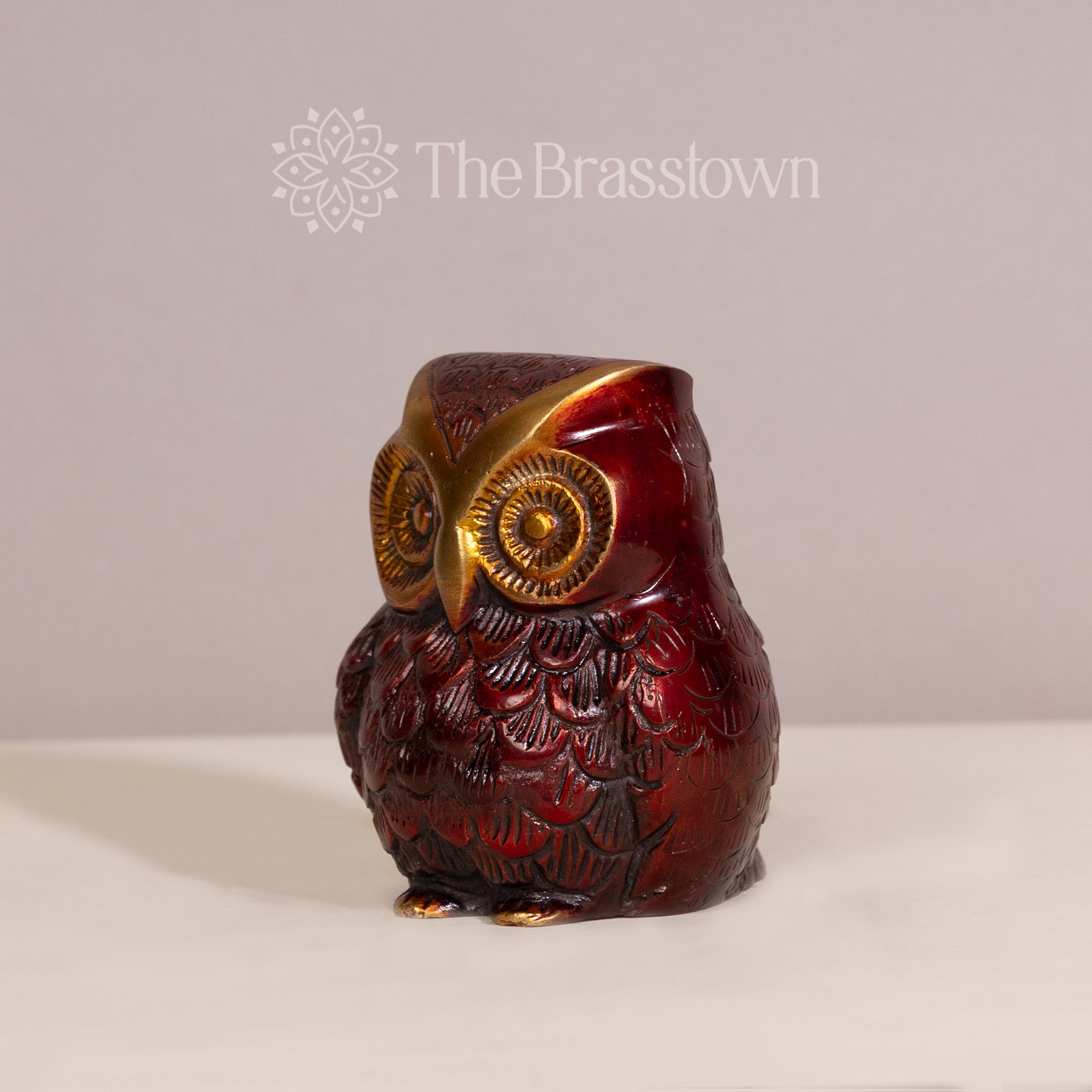 Handcrafted Brass Owl Statue – Red and Gold Decor Accent