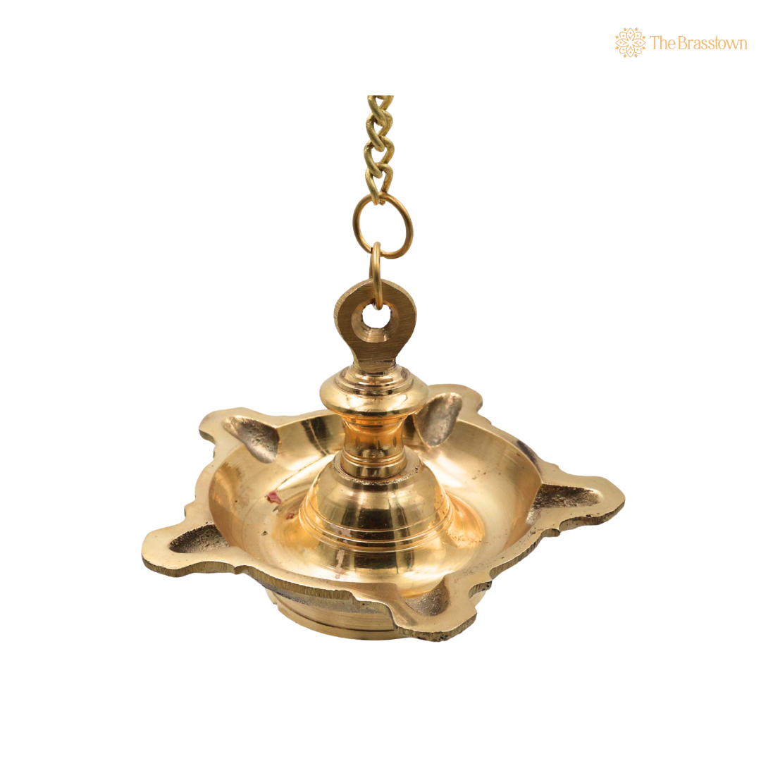 Hanging Brass Lamp Pooja Diya – Traditional Peetal Thooku Vilakku Deepam for Temple, Home Mandir & Spiritual Décor 4.5 Inch