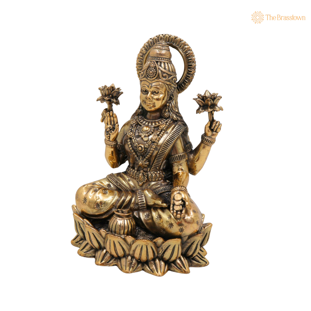 Handcrafted Brass Sitting Mahalakshmi Idol 5 Inch side view – antique finish detail