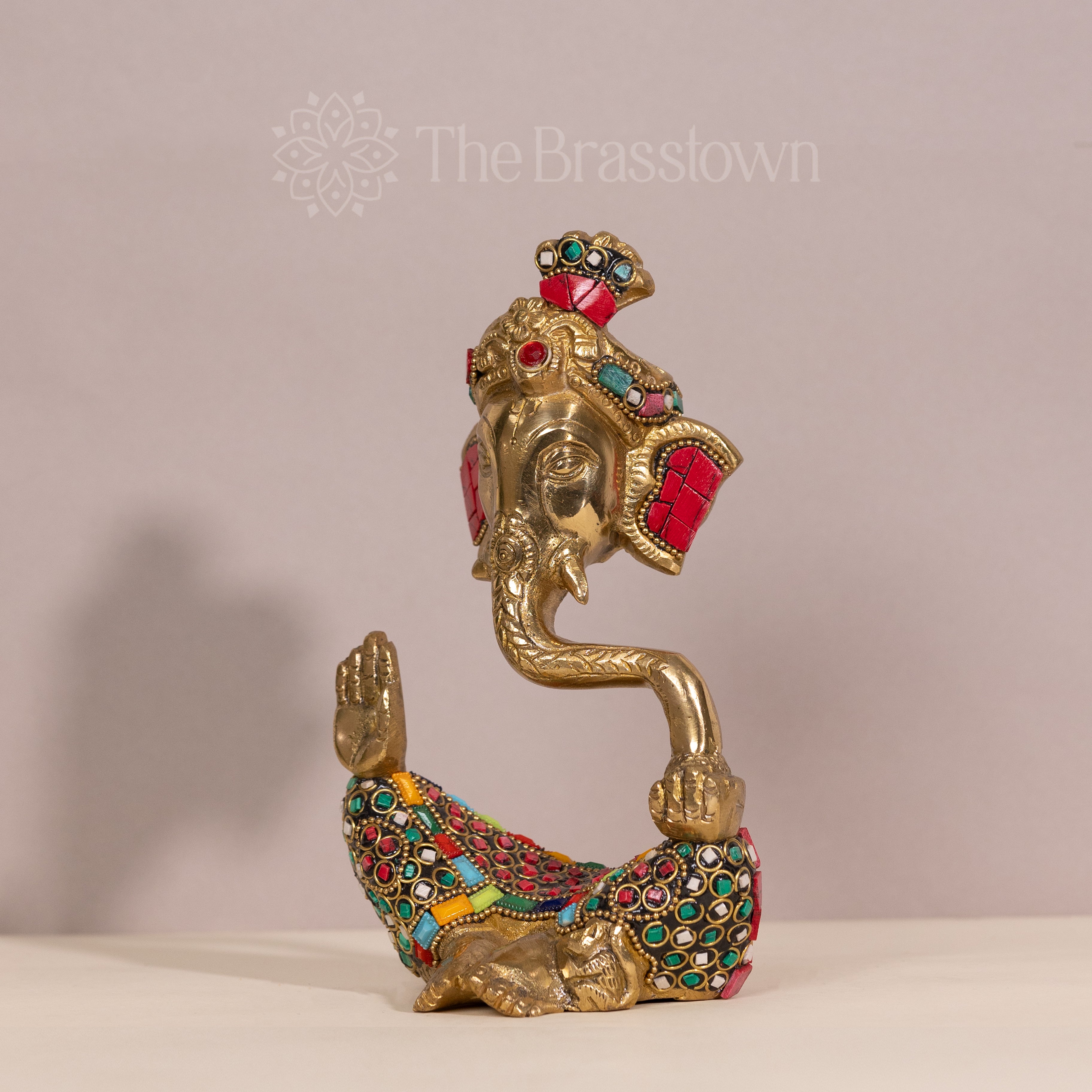 Brass Ganesha with Intricate Stonework – Handcrafted Decorative Sculpture