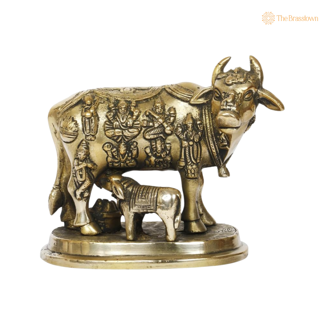 Handcrafted Brass Kamdhenu Cow with 5 Inch side view – antique finish detail