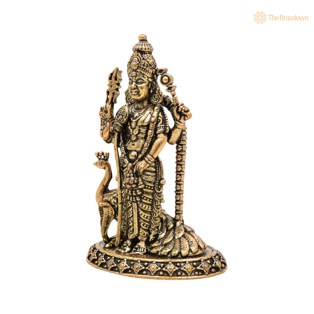 Brass Murugan Idol 3 Inch side view – antique finish detail