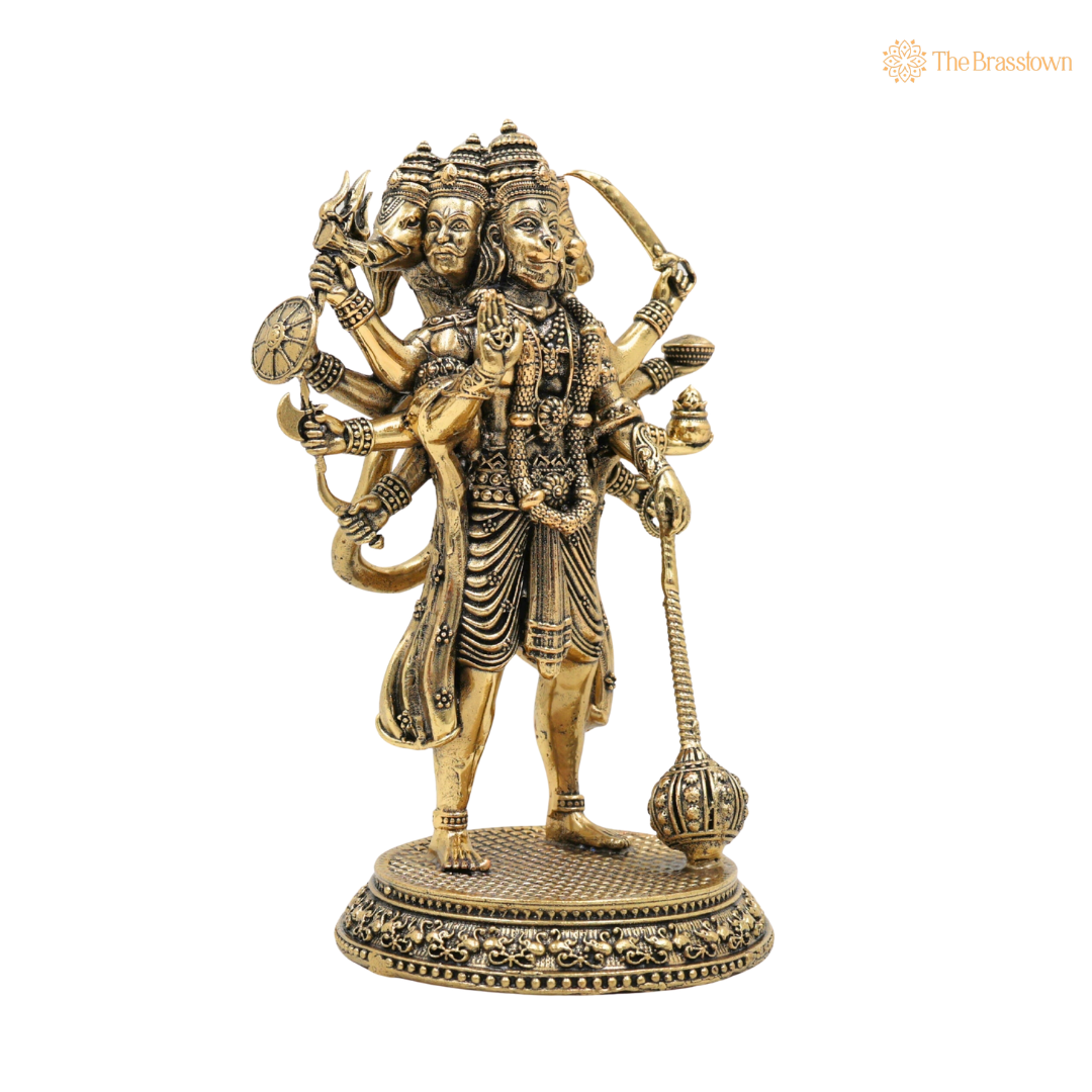 Brass Panchmukhi Hanuman Idol 6.5 Inch side view – antique finish detail