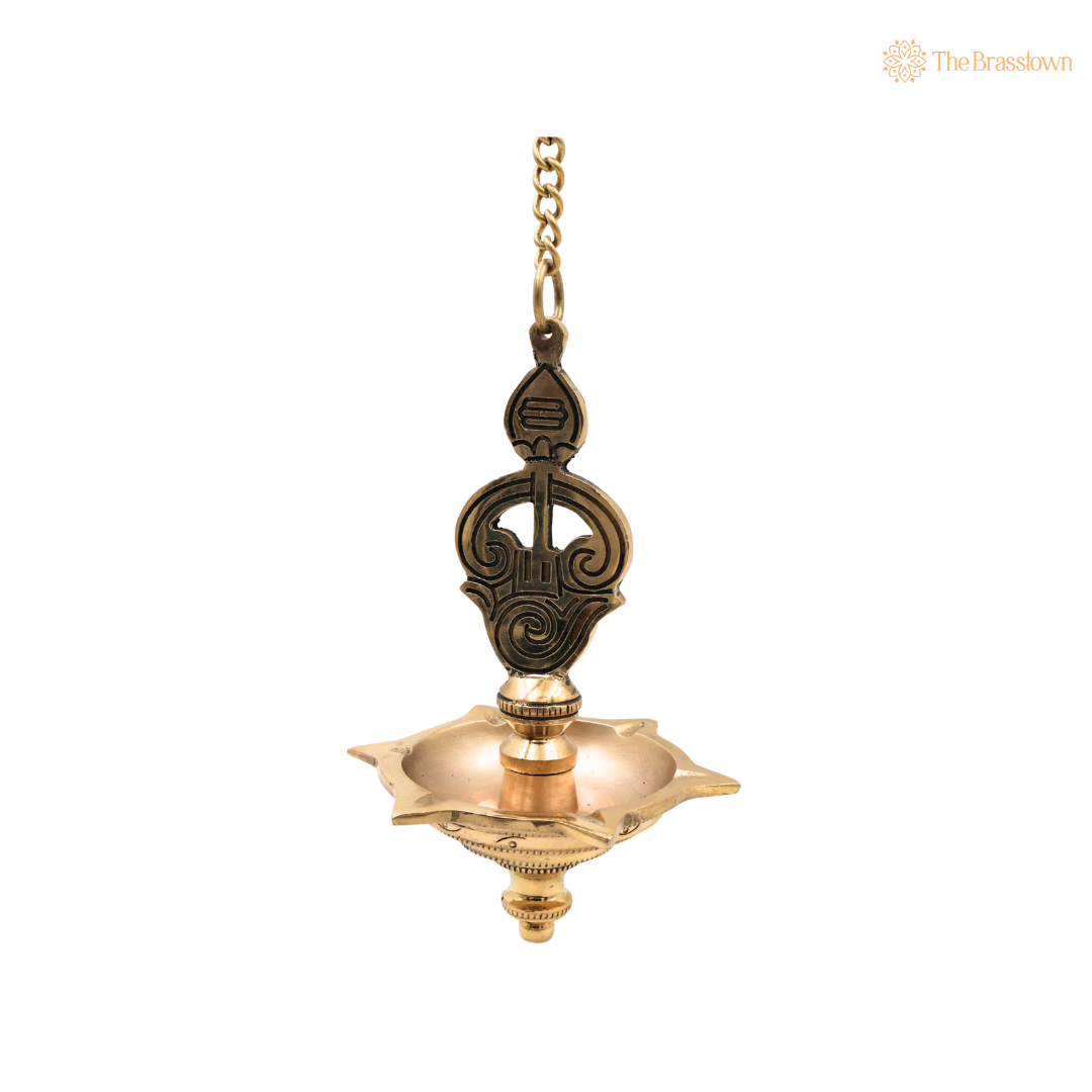 Hanging Brass Murugan Lamp Pooja Diya β Traditional Peetal Thooku Vilakku Deepam for Temple, Home Mandir & Spiritual DΓ©cor 22.5 Inch