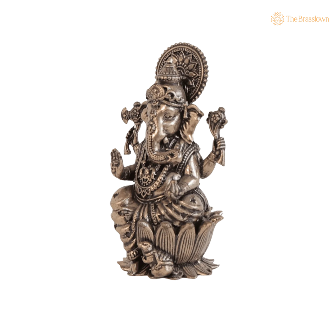 Brass Ganesh with Mushak 2.5 Inch side view – antique finish detail