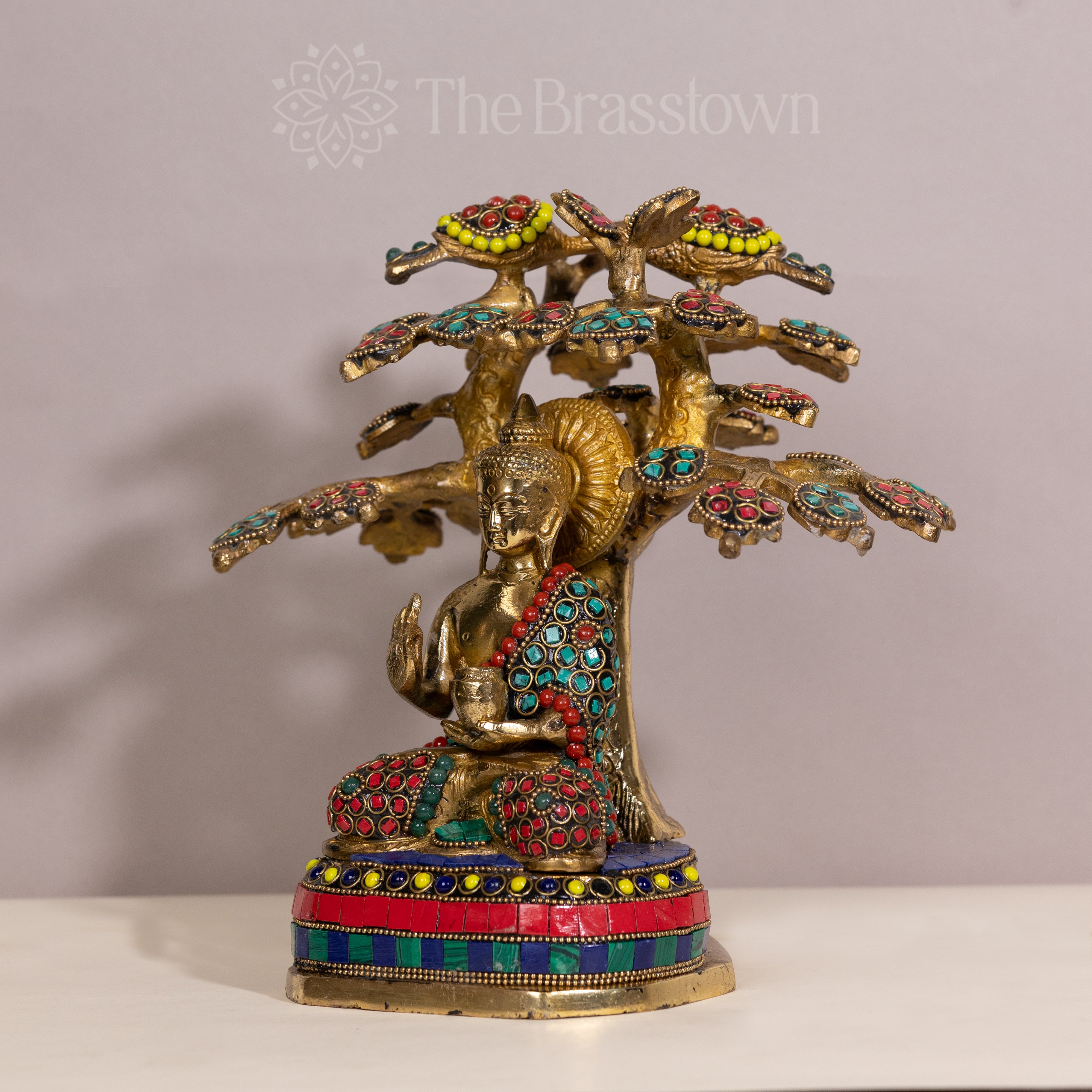 Brass Buddha Statue with Bodhi Tree – Handcrafted Enlightenment Decor